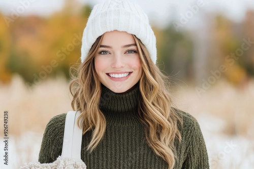 Smiling woman in green sweater and white hat among autumn leaves in a sunny park