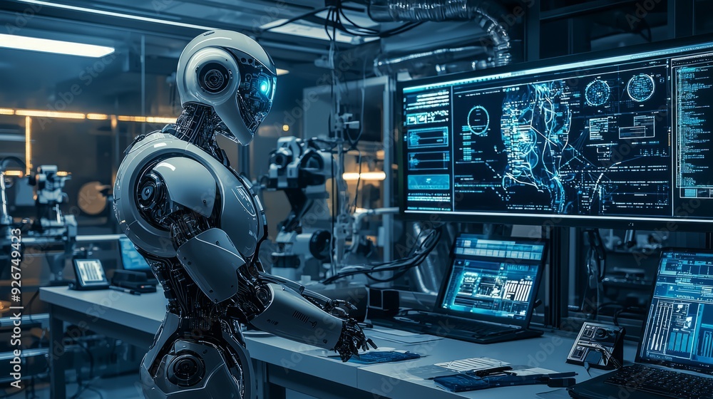 Modern robotics laboratory with a highly advanced humanoid robot performing a complex task. Modern robotics laboratory with a highly advanced humanoid robot performing a complex task.