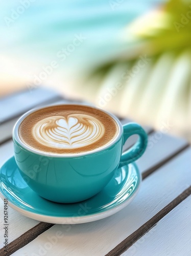 Colorful coffee cup with latte art on a beachside table during sunny daytime