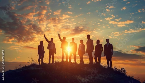Silhouettes of a group of people standing on a hilltop at sunset, symbolizing teamwork, success, and achievement.