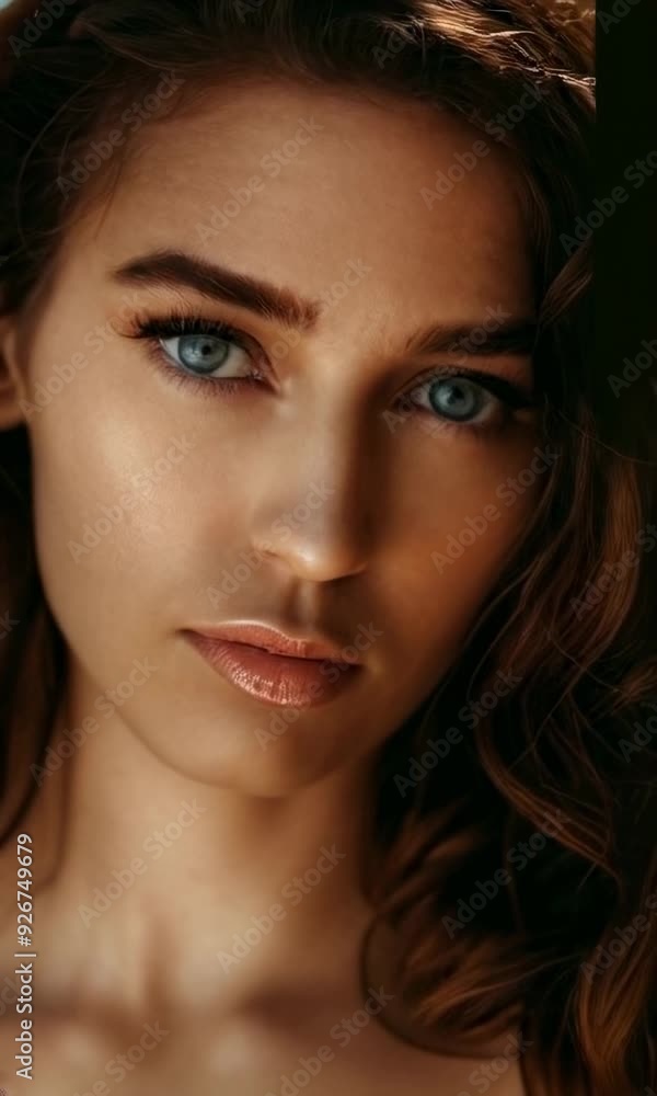 A close-up portrait of a woman with striking blue eyes and brown hair, looking directly at the camera. A close-up portrait of a woman with striking blue eyes and brown hair, looking directly at the camera.