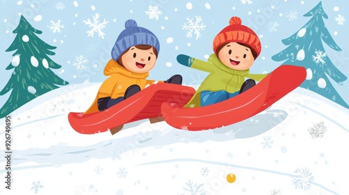 Two children are playing on sleds in the snow, AI