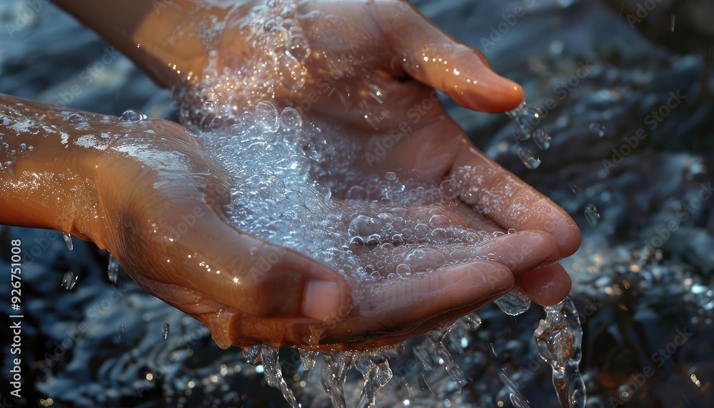 Fototapeta premium Close-up of hands cupping fresh water from a stream.