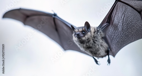 A close-up of a small bat with distinctive fur and extended wings on a white ...