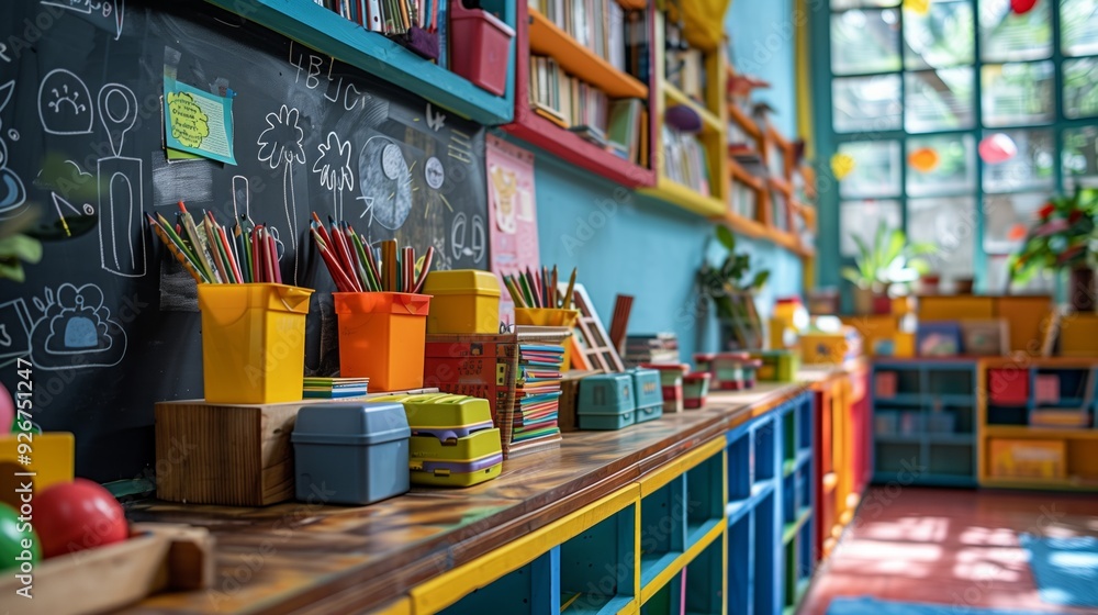 Vibrant classroom filled with art supplies, books, and creative drawings on the blackboard. Vibrant classroom filled with art supplies, books, and creative drawings on the blackboard.