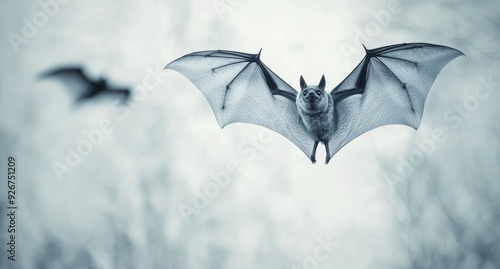 A close-up of a small bat with distinctive fur and extended wings on a white ...