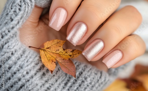 Elegant autumn manicure with leaf accents on hand against cozy sweater backgr...