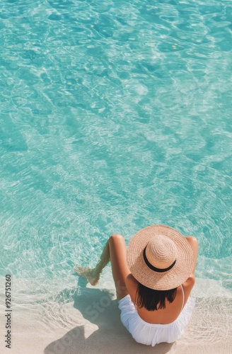 Relaxing by the pool on a sunny day with a wide-brimmed hat and bare feet