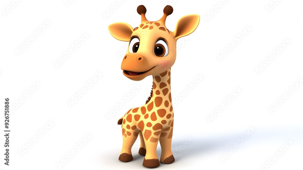 A cute cartoon giraffe with big brown eyes stands against a white background. A cute cartoon giraffe with big brown eyes stands against a white background.