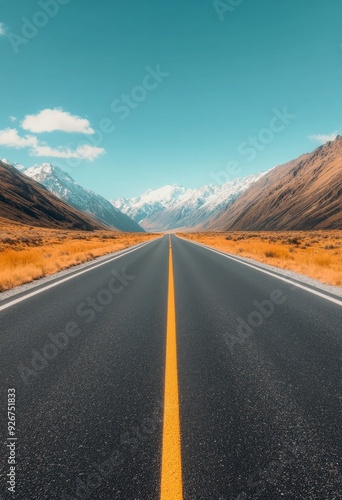 Wide open road stretches towards snow-capped mountains under a cloudy sky
