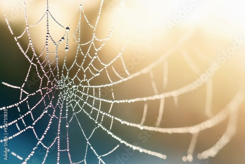 Abstract close-up of water droplets on a spider web morning dew sparkling in the sunlight.