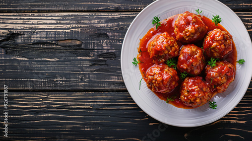 Wallpaper Mural Delicious meatballs in tomato sauce with fresh parsley served on white plate on rustic dark wooden table, top view Torontodigital.ca