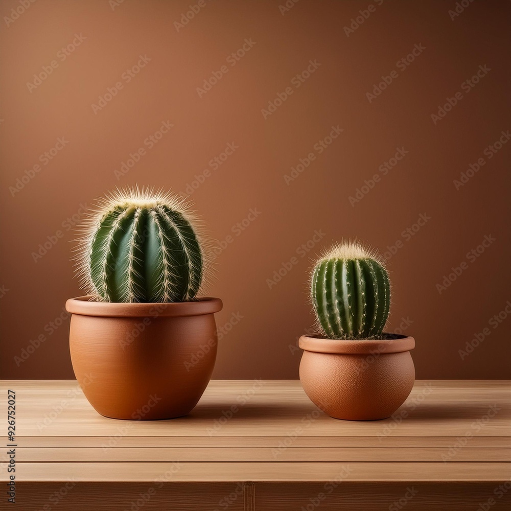 A product display a table made of wood surface with a cactus in a red clay pot, with Western-style burnt amber colors A product display a table made of wood surface with a cactus in a red clay pot, with Western-style burnt amber colors