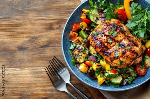 Grilled chicken breast atop a fresh vegetable salad on a wooden table