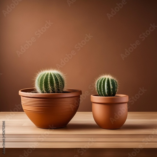 A product display a table made of wood surface with a cactus in a red clay pot, with Western-style burnt amber colors