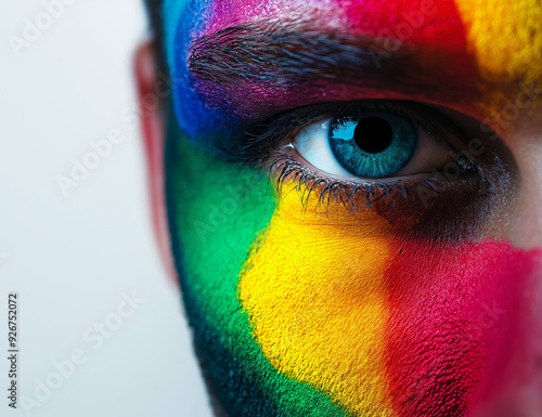 colorful rainbow man isolated on panoramic white background, gay LGBTQ pride concept