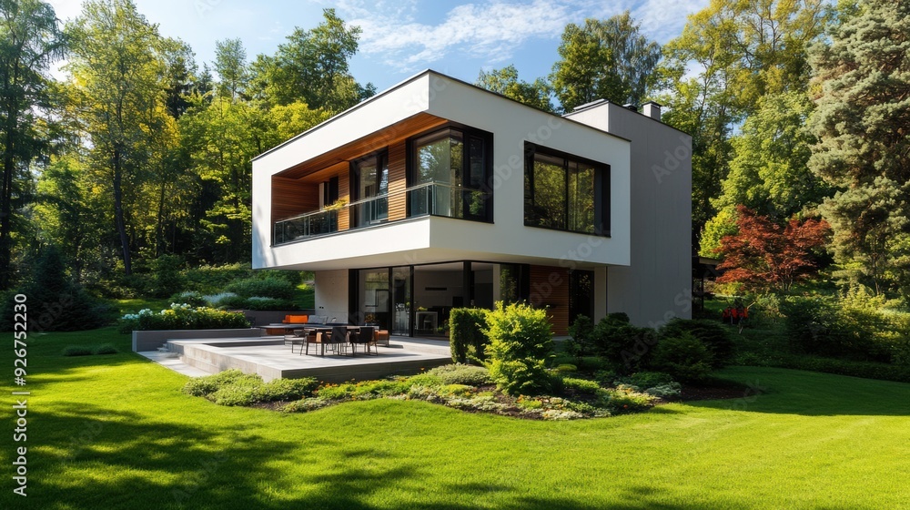 A modern house with a patio and deck in the middle of lush green grass, AI A modern house with a patio and deck in the middle of lush green grass, AI