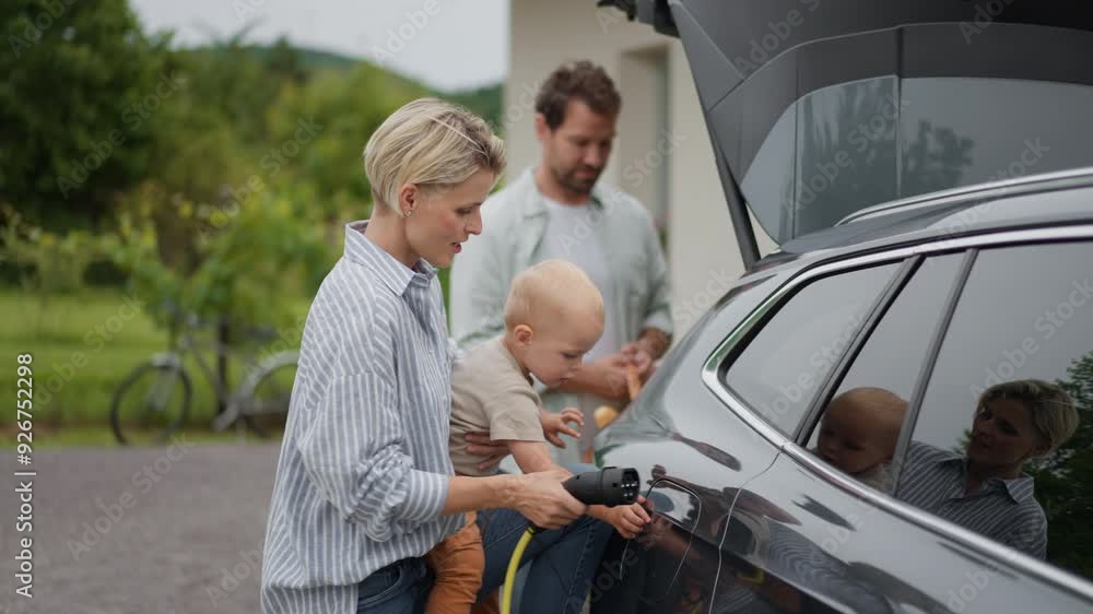 Family leaving on vacation, loading luggage into trunk of electric car with charger in charging port. Travelling on family road trip or vacation by electric vehicle. Family leaving on vacation, loading luggage into trunk of electric car with charger in charging port. Travelling on family road trip or vacation by electric vehicle.
