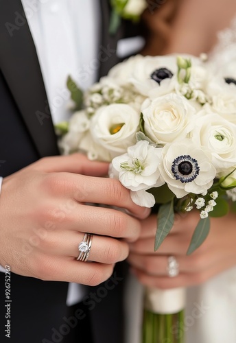 Bride and groom holding a bouquet of white flowers during a wedding ceremony