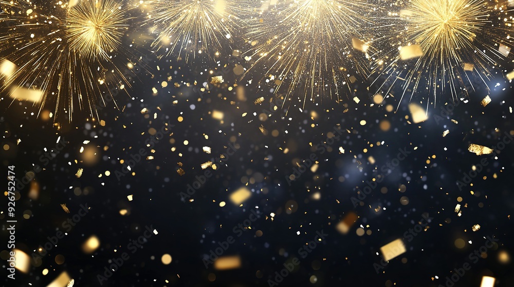 Fototapeta premium Golden Fireworks and Confetti Exploding on Black Background