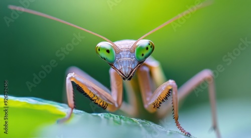 Close-up of a vibrant praying mantis on a green leaf during sunny daylight