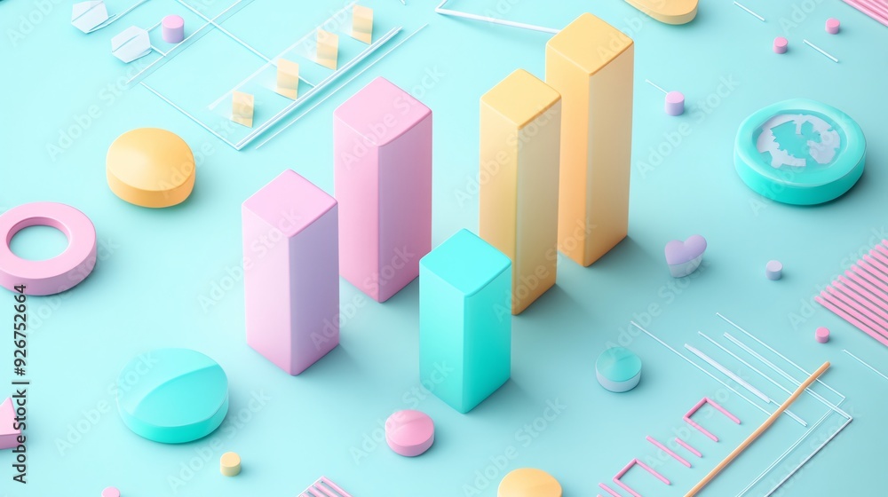 3D Pastel Bar Graph with Business Icons - Concept of Growth Analysis and Market Trends 3D Pastel Bar Graph with Business Icons - Concept of Growth Analysis and Market Trends