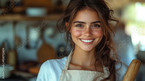  Smiling young woman wearing apron holding rolling pin in a cozy kitchen. Confident cook  enjoying baking  homemade food  rustic interior  culinary skills  domestic life. 