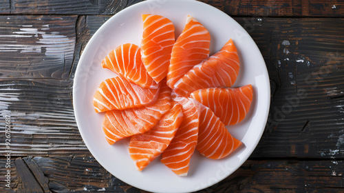 Circular arrangement of fresh salmon sashimi slices on a pristine white plate, creating an attractive and delectable display photo