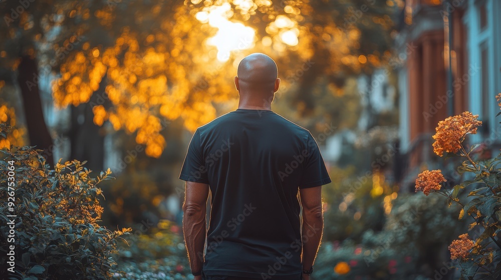 Rearview of bald security guard standing in park at sunset, with golden sunlight filtering through trees, creating a sense of calm and protection. Rearview of bald security guard standing in park at sunset, with golden sunlight filtering through trees, creating a sense of calm and protection.