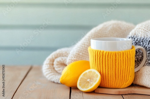 Warm cup of herbal tea with lemon slice on wooden board beside cozy knitted b...