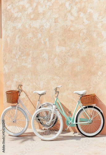 Two vintage bicycles with baskets leaning against a textured peach wall