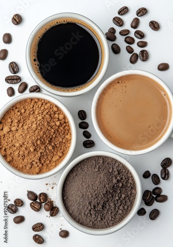 Three cups of coffee with roasted beans on a white background