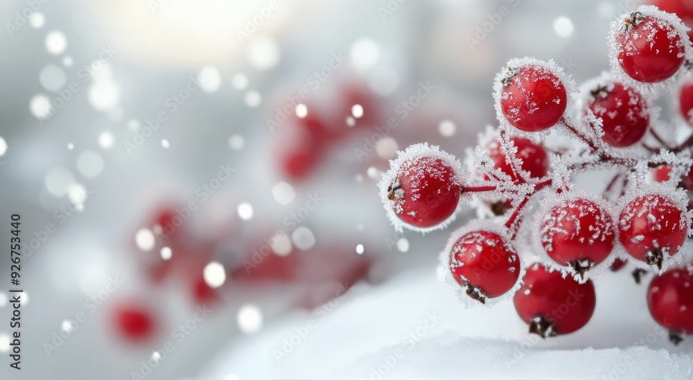 Frosted red berries on branches in a winter landscape Frosted red berries on branches in a winter landscape