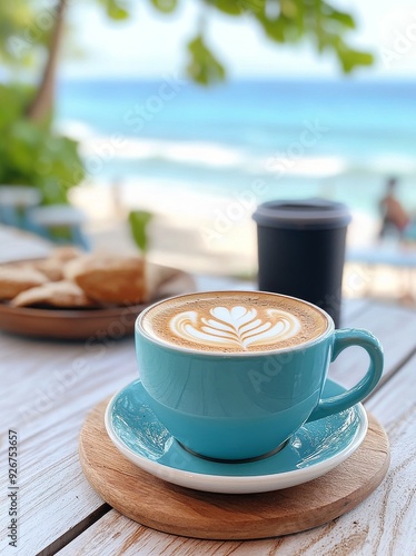 Enjoying a latte with intricate art at a beachside cafe on a sunny day