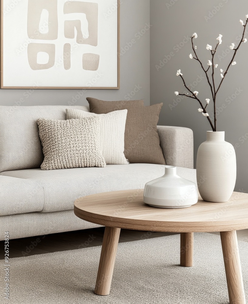 Cozy living room with a light-colored couch and modern decor in a minimalist style Cozy living room with a light-colored couch and modern decor in a minimalist style