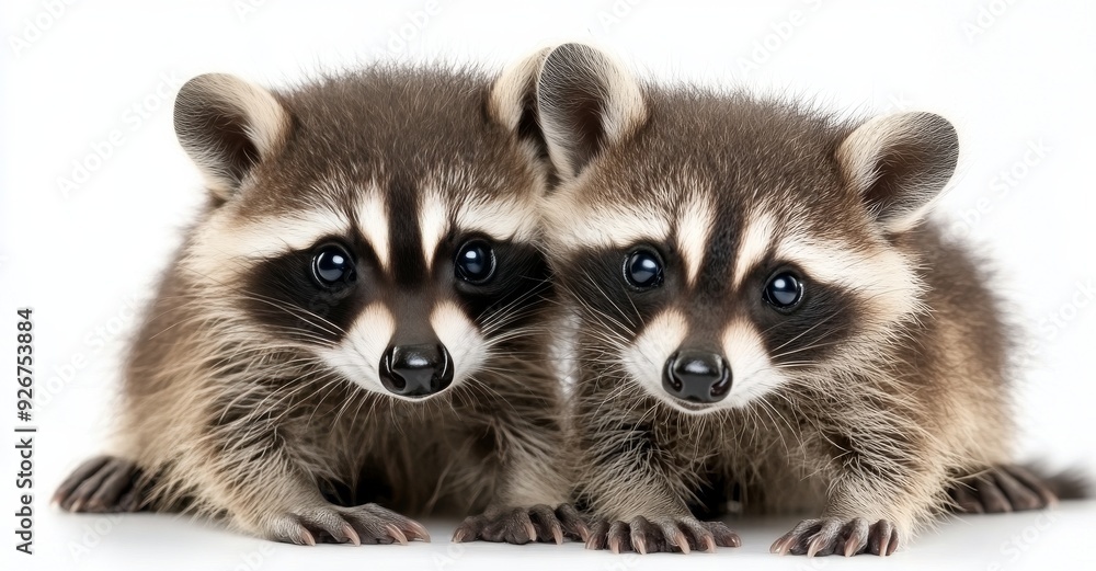 Two playful raccoon cubs exploring together indoors Two playful raccoon cubs exploring together indoors