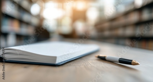 A pen resting on a blank notebook in a cozy library during the afternoon