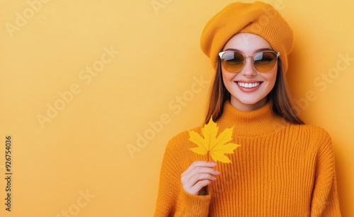 Smiling woman in orange sweater and beret holding a yellow leaf against a bri...