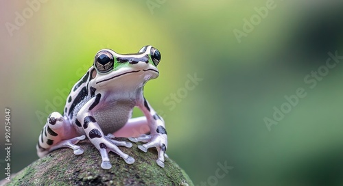 Green and black frog perched on a rock in a lush forest during daytime
