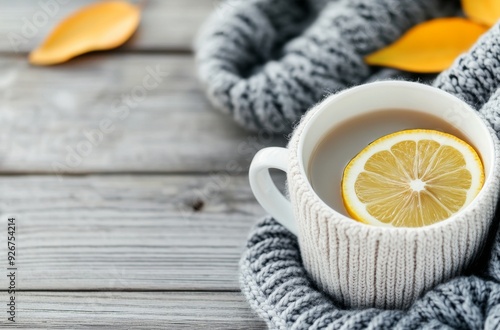 Warm cup of herbal tea with lemon slice on wooden board beside cozy knitted b...