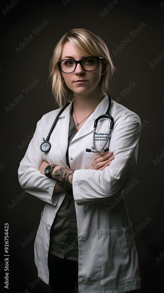 A young woman with short blonde hair, wearing a white lab coat and glasses, stands with her arms crossed, looking directly at the camera. A young woman with short blonde hair, wearing a white lab coat and glasses, stands with her arms crossed, looking directly at the camera.
