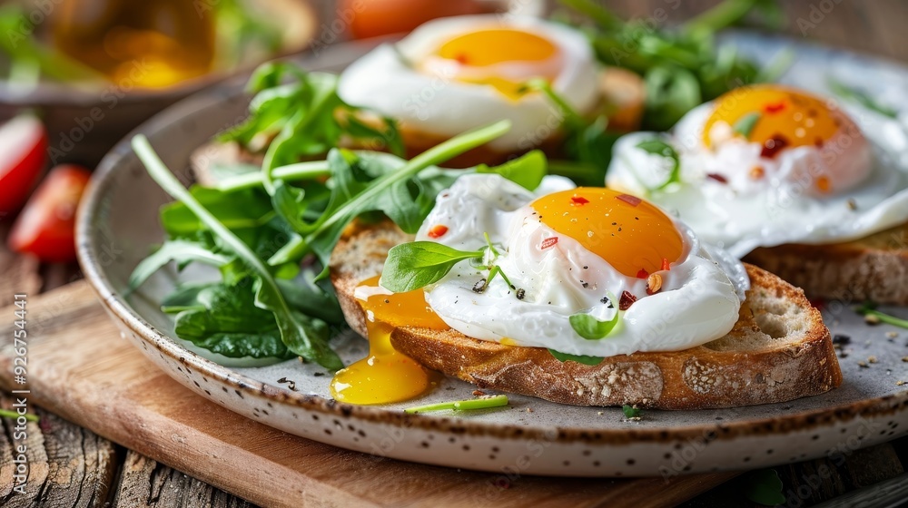 Elegant display of poached eggs on toast with rich yolks and fresh greens in warm lighting Elegant display of poached eggs on toast with rich yolks and fresh greens in warm lighting