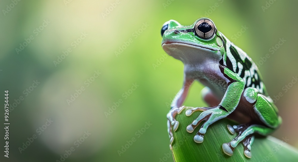Obraz premium Green and black frog perched on a rock in a lush forest during daytime