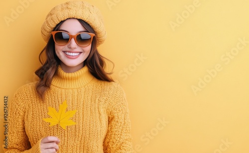 Smiling woman in orange sweater and beret holding a yellow leaf against a bri...