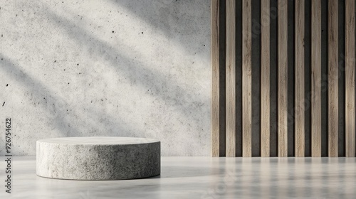 Modern minimalist interior with concrete seating and wooden wall slats in day...