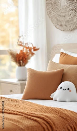 Cozy autumn bedroom featuring cute ghost plush toys on a warm bed