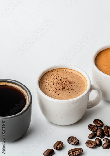 Three cups of coffee with roasted beans on a white background