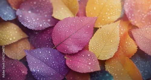 Colorful autumn leaves with raindrops on a blurred background in soft lighting