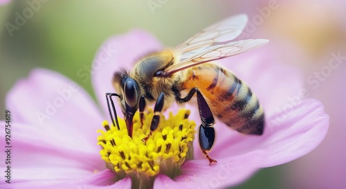 Honeybee pollinating a vibrant pink flower in a sunny garden setting