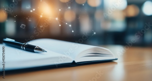 A pen resting on a blank notebook in a cozy library during the afternoon